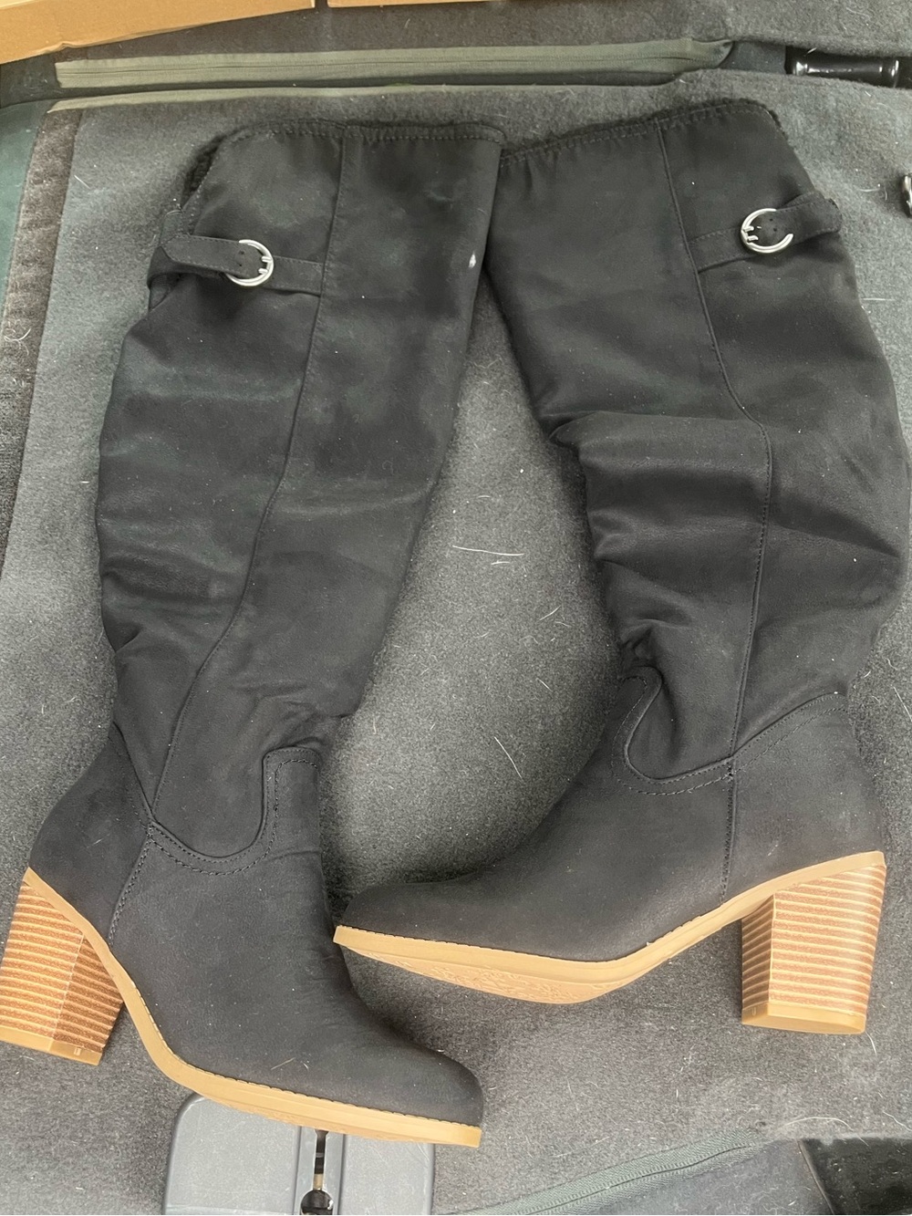Sugar Black Over-the-Knee Block Heel Boots with Tan Wood-Look Heel